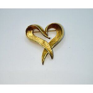 Vtg Heart Pin Brooch Modernist Textured Brushed Gold Tone Abstract MCM Valentine